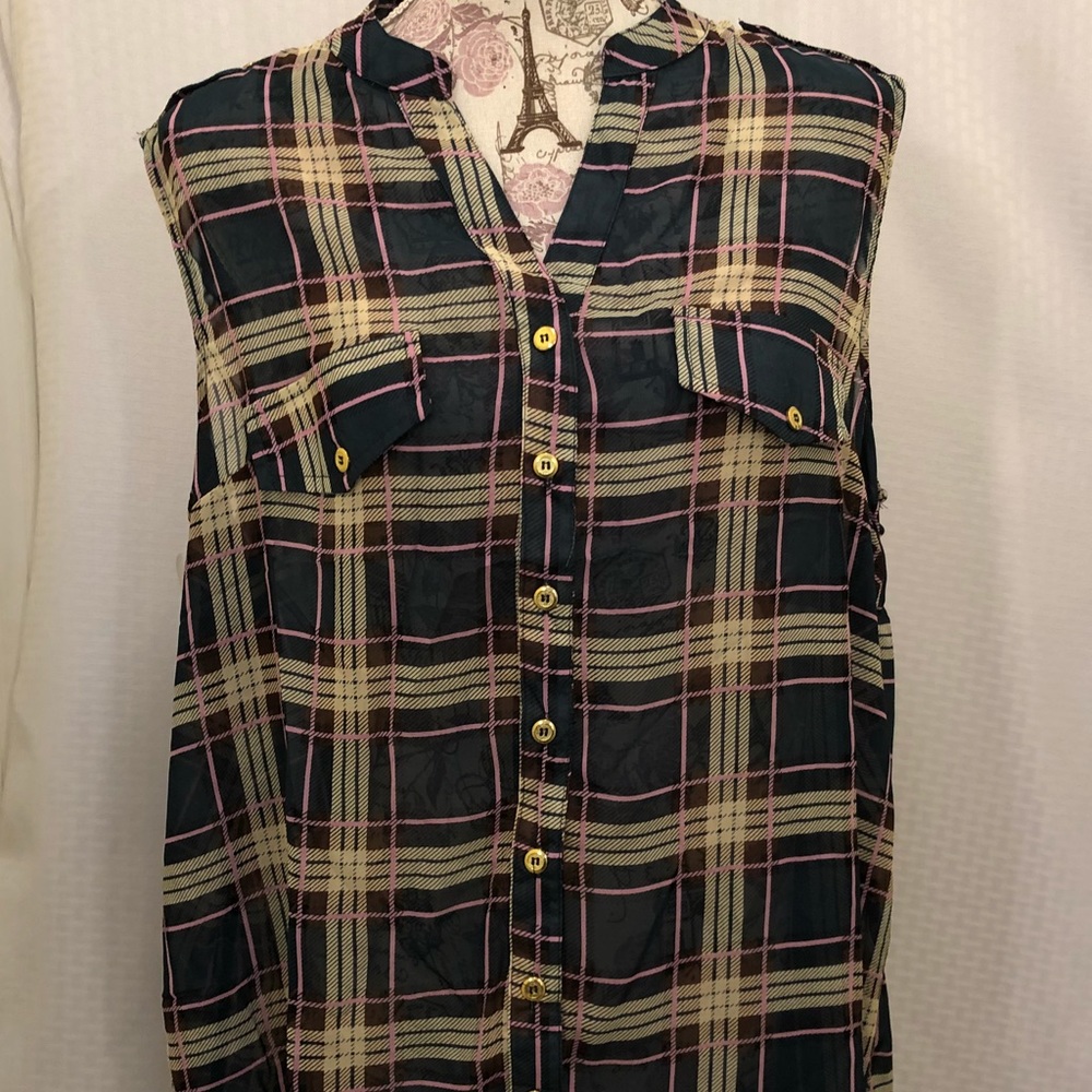 Sheer plaid sleeveless blouse